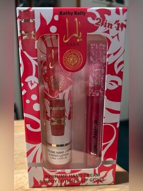 Kathy Kelly Yara Pink Perfume Hand Cream & Body Lotion Set with Lip Gloss